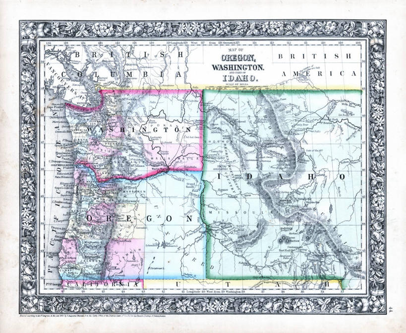 无人,横图,地图,历史,古董,俄勒冈州,华盛顿州,彩图