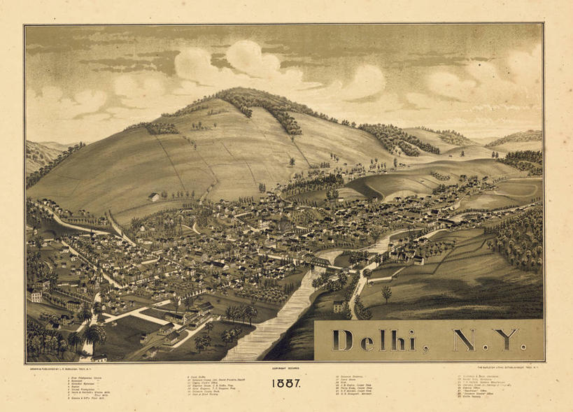 无人,横图,俯视,地图,历史,古董,纽约州,德里,彩图,高角度拍摄