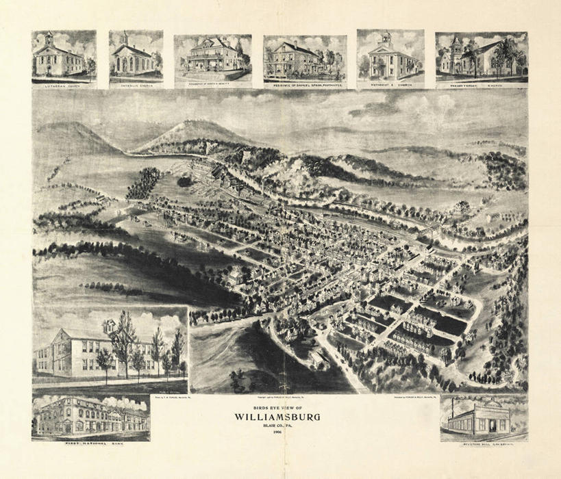 无人,横图,俯视,地图,历史,古董,宾夕法尼亚,威廉斯堡,彩图,高角度拍摄