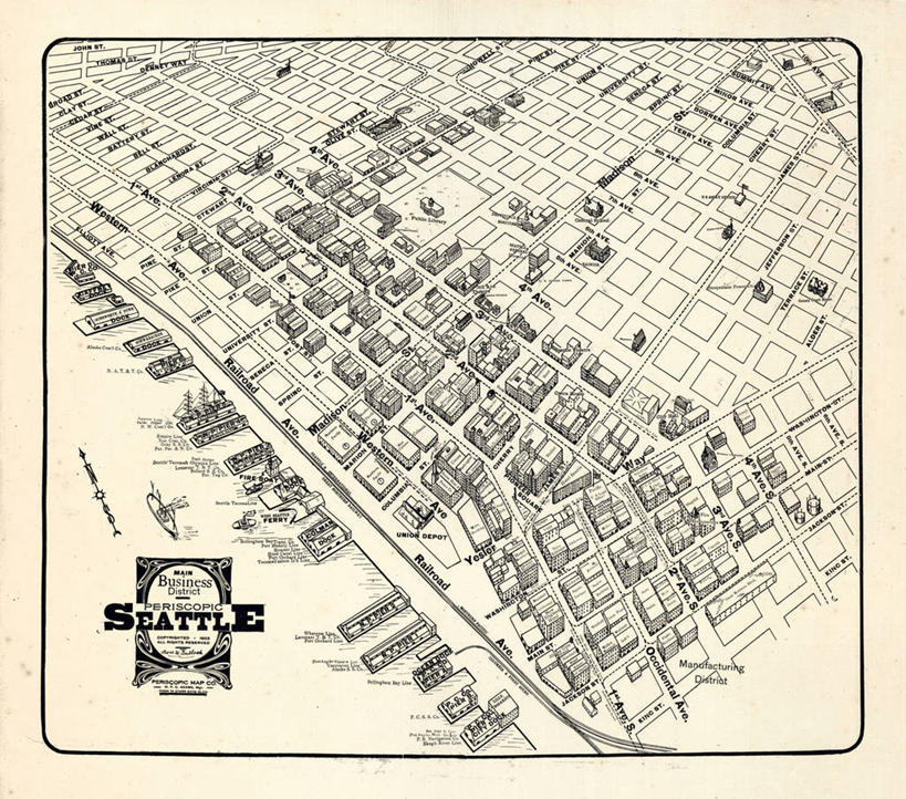 无人,横图,俯视,地图,历史,古董,华盛顿州,西雅图,彩图,高角度拍摄