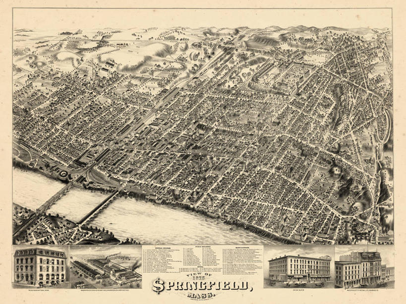 无人,横图,俯视,地图,历史,古董,马萨诸塞,斯普林菲尔德,彩图,高角度拍摄