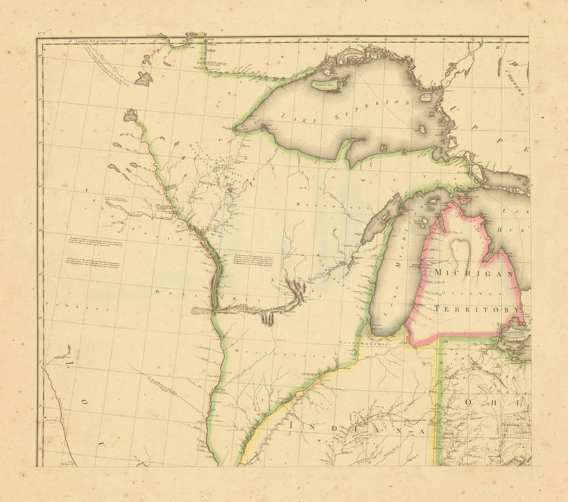 无人,横图,地图,美国,历史,古董,北美,北美洲,美洲,伊利诺斯州,俄亥俄州,北亚美利加洲,亚美利加洲,密歇根,密歇根州,貂熊州,狼獾之州,狼獾州,威斯康星,五大湖,彩图,美利坚合众国
