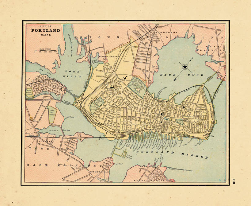 无人,横图,地图,城镇,历史,古董,北美,缅因州,波特兰,彩图