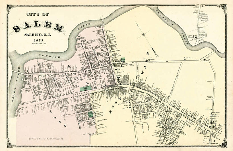 无人,横图,地图,城镇,历史,古董,新泽西,塞伦,彩图,地图学