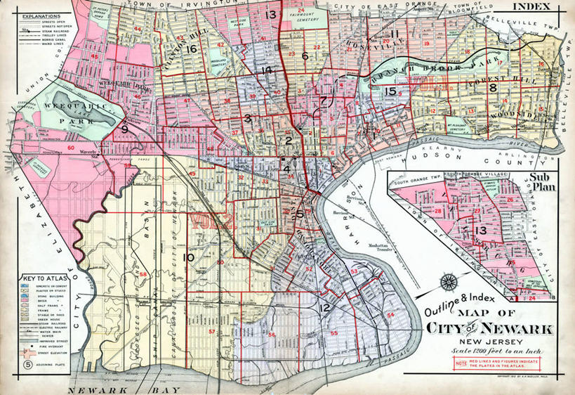 无人,横图,地图,城镇,历史,古董,纽瓦克,新泽西,彩图,地图学