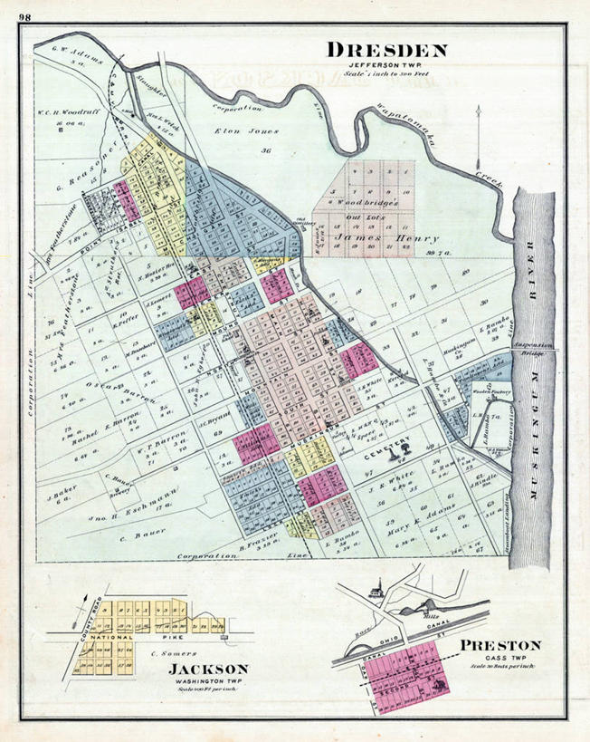 无人,竖图,地图,城镇,历史,古董,俄亥俄州,德累斯顿,彩图,普雷斯顿,地图学