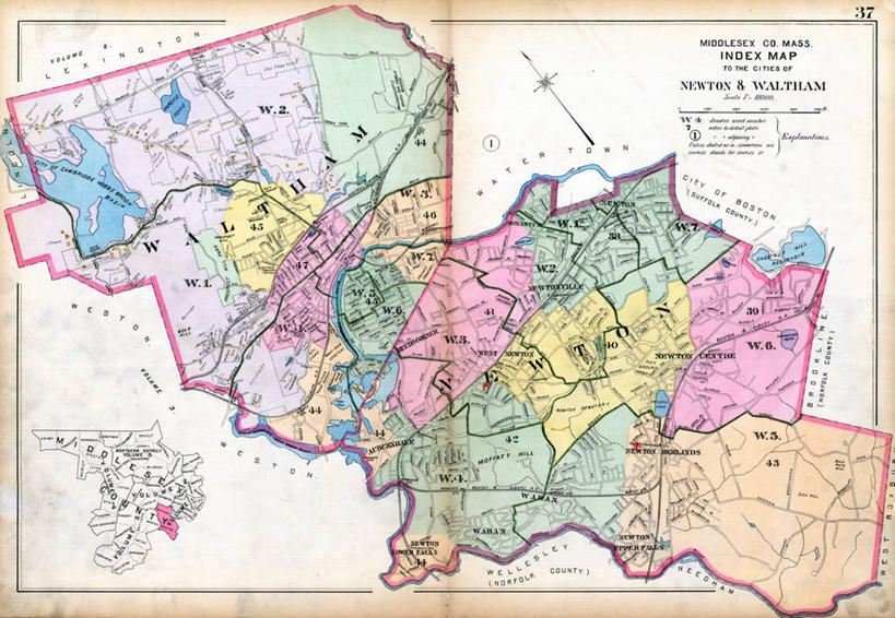 无人,横图,地图,城镇,历史,古董,马萨诸塞,牛顿,彩图,地图学