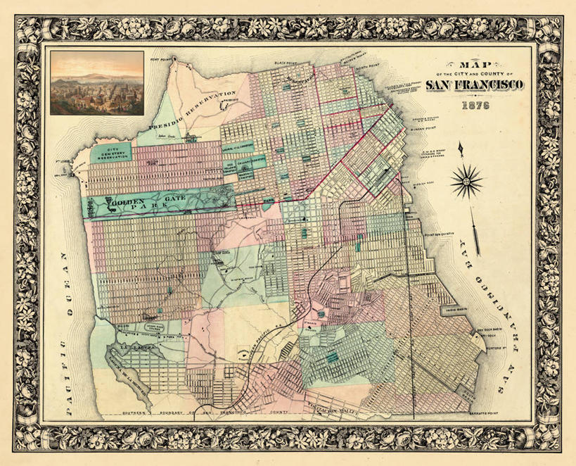 无人,横图,地图,城镇,历史,古董,加利福尼亚,旧金山,彩图,地图学