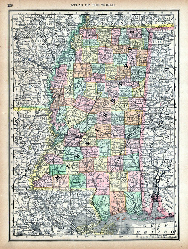 无人,竖图,地图,历史,古董,密西西比州,彩图,地图学