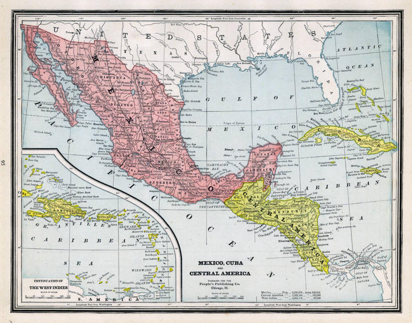 无人,横图,地图,古巴,墨西哥,历史,古董,中美洲,彩图,地图学