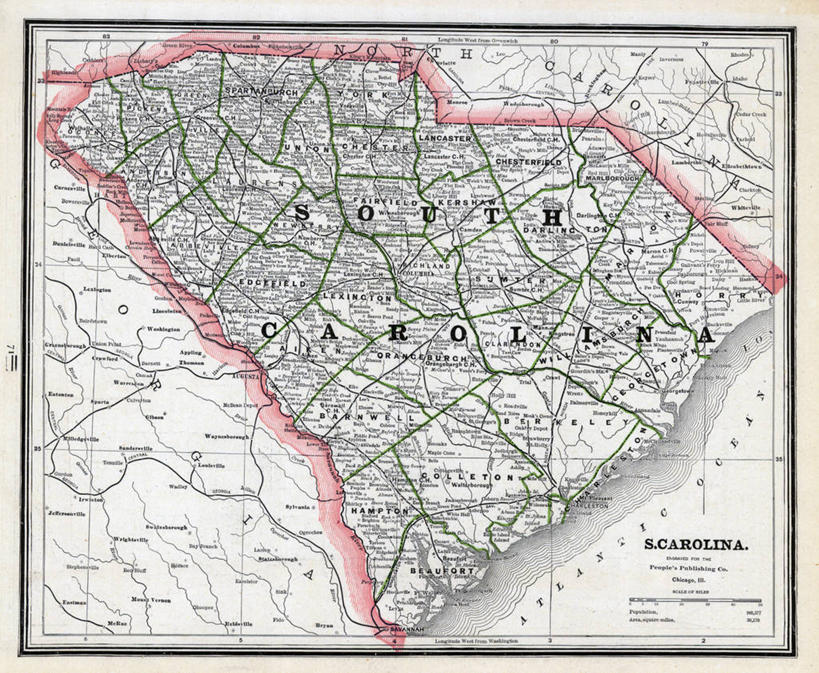 无人,横图,地图,美国,历史,古董,北美,北美洲,美洲,南卡罗来纳州,北亚美利加洲,亚美利加洲,南卡罗来纳,扇榈之州,矮棕榈之州,彩图,美利坚合众国,地图学