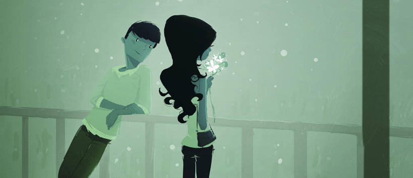 成年人,两个人,栏杆,站,微笑,横图,全景,插画,阶调图片,室外,夜晚,留白,快乐,热情,信心,数码,科技,阳台,连接,阴影,网络,高光,几何,计算机图形,浪漫,合成,图画,拿着,画,花,绿色,花束,靠,靠着,约会,电脑合成图,数码合成图,合成图,漫画,计算机制图,写实,具体,具象,异性恋,男人,女人,彩图,爱