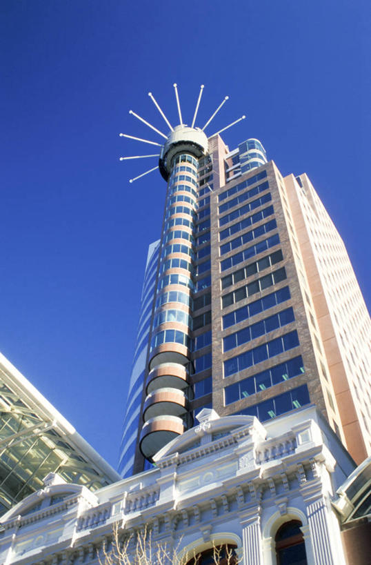 无人,竖图,室外,白天,仰视,天际线,建筑,摩天大楼,新西兰,塔,首都,现代,摄影,万里无云,彩图,低角度拍摄