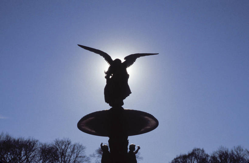 无人,公园,横图,室外,白天,仰视,城市,喷泉,日光,纽约,美国,天使,摄影,剪影,树梢,中央公园,万里无云,彩图,低角度拍摄,旅行