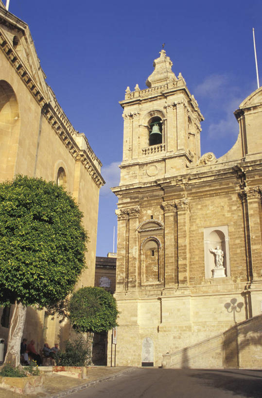 无人,教堂,竖图,室外,白天,仰视,建筑,马耳他,钟楼,历史,树,摄影,基督教,彩图,低角度拍摄