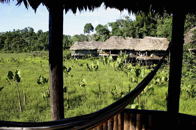 无人,家,横图,室外,白天,旅游,度假,吊床,厄瓜多尔,吊挂,悬挂,木制,房屋,屋顶,屋子,草屋,院子,挂,顶棚,娱乐,住宅,树,茅草屋,享受,休闲,放松,摄影,生态,彩图,旅行,房子,茅舍,茅屋,小屋,亚马逊雨林,雨林
