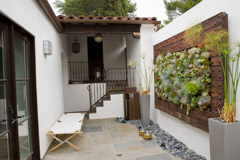 无人,横图,室外,白天,楼梯,日光,美国,装饰,木制,瓷砖,墙,院子,装饰物,生长,北美,加利福尼亚,好莱坞,装裱