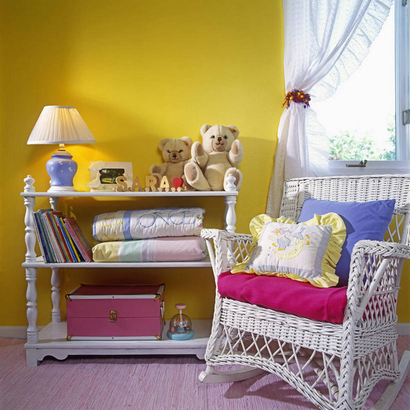 婴儿,儿童,窗帘,卧室,桌子,熊,玩具,椅子,木制,缎带,摇椅,粉色,黄色,蓝色,白色,动物,毛绒玩具,涂料,柳条,着色,梦想,软垫,女孩,书