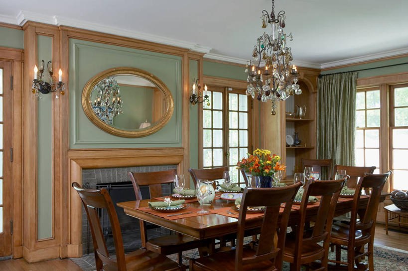 横图,吃饭,壁炉,窗帘,镜子,饭厅,橙色,模具,水晶吊灯,塑造