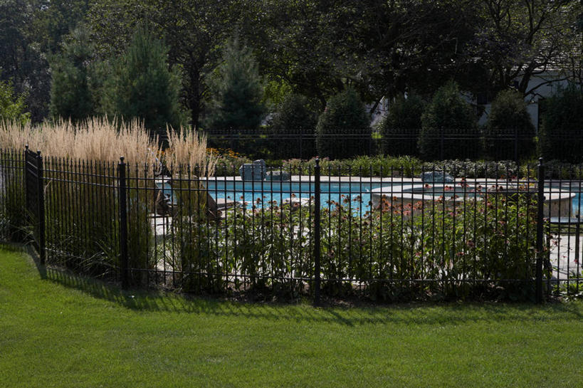 横图,室外,草坪,铁,地形,篱笆,黑色,夏天,放松,金花菊,铁艺,石灰石,击剑,多年生植物,景观设计