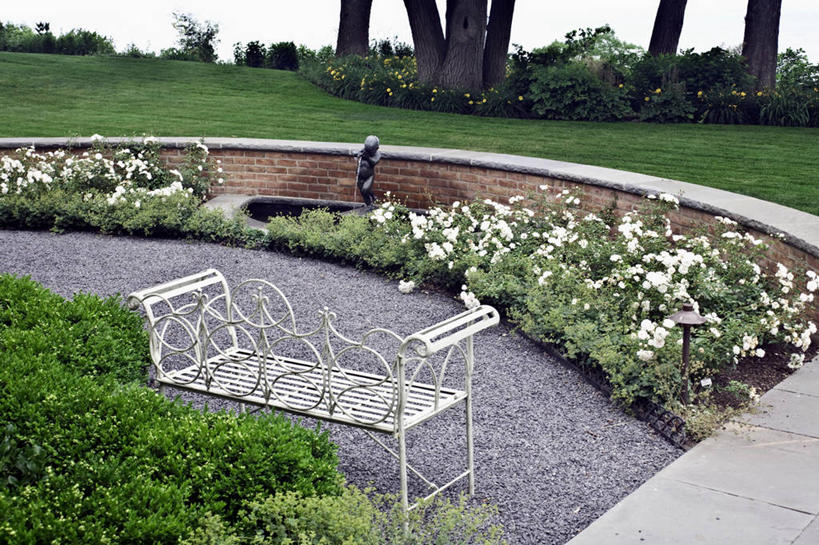 横图,多云,喷泉,院子,砖墙,密歇根湖,黄杨木