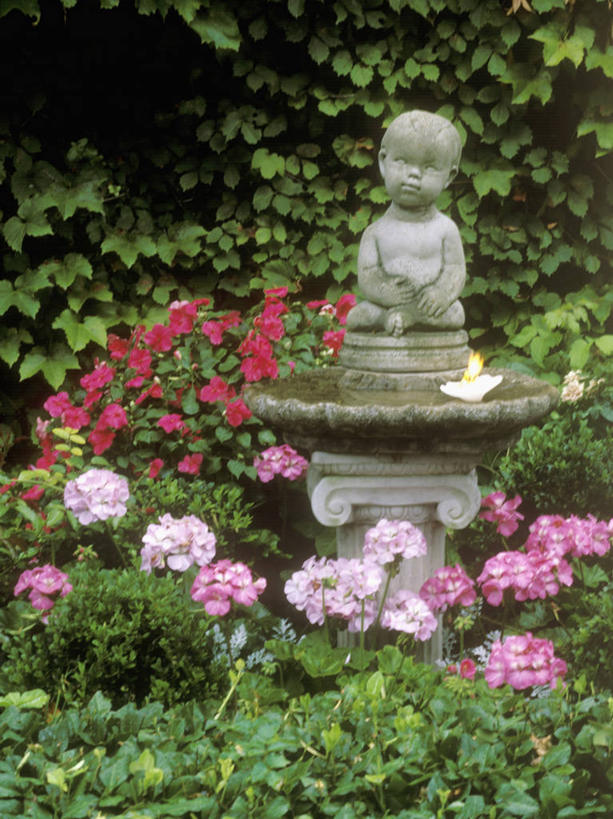 儿童,竖图,室外,雕像,英格兰,粉色,绿色,夏天,协调,天竺葵,迷人,底座,黄杨木,爱