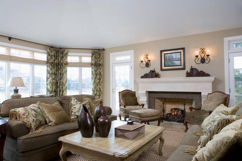 横图,壁炉,窗帘,沙发,茶几,米色,百叶帘,起居室,卡其布,跪垫