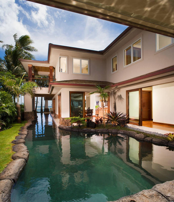 无人,游泳池,家,室外,白天,水,门,建筑,日光,美国,球袋,房屋,门口,现代,建造,北美,瓦胡岛