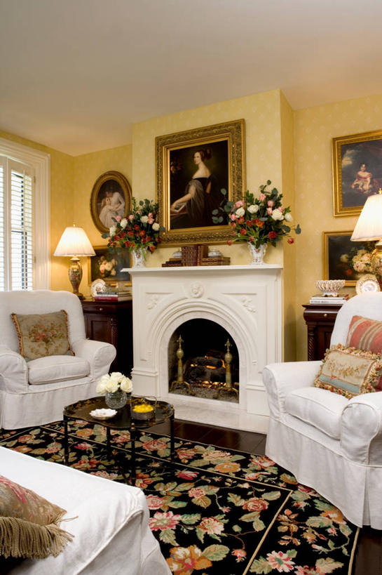 设计师,竖图,黑白,壁炉,壁纸,油画,花纹,对称,黄色,白色,起居室