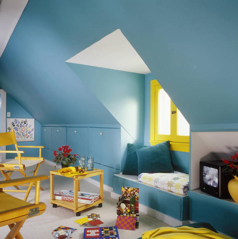 儿童,游戏,阁楼,卧室,玩具,椅子,抽屉,木制,眼镜,黄色,蓝色,白色,明亮,涂料,梦想,棉被,电视机,书