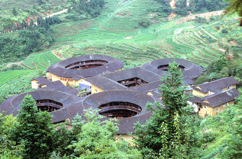 无人,家,农田,横图,俯视,室外,白天,旅游,度假,庄稼,梯田,农作物,名胜古迹,山,山脉,树林,植物,标志建筑,地标,建筑,阴影,曲折,弯曲,遗迹,光线,影子,房屋,屋子,山峰,山峦,古迹,文物,娱乐,建设,古建筑,楼房,住宅,树,树木,绿色,阳光,自然,群山,享受,休闲,旅游胜地,放松,蜿蜒,生长,成长,古文明,土楼,彩图,高角度拍摄,耕地,庄稼田,房子,福建土楼,客家土楼,客家土围楼,圆形围屋,shrj1