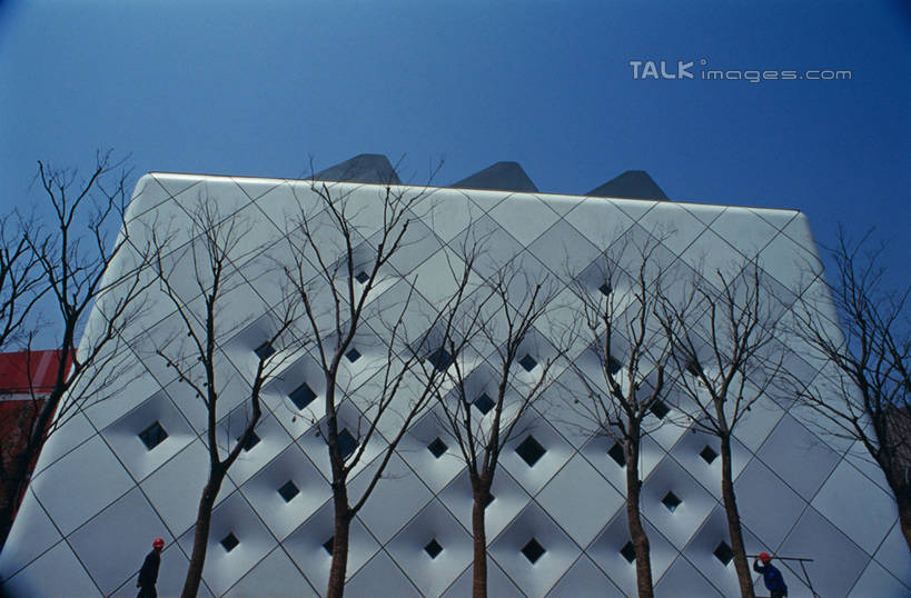 无人,横图,室外,白天,仰视,旅游,度假,植物,标志建筑,地标,建筑,上海,中国,亚洲,阴影,光线,纹路,纹理,影子,墙,洞,枝条,娱乐,建设,墙壁,墙面,树,树木,树枝,蓝色,绿色,蓝天,天空,阳光,自然,天,享受,休闲,上海世博馆,世博馆,案例联合馆,上海世博会,世博,世博会,旅游胜地,放松,生长,晴朗,成长,申,东亚,世博园,上海市,穴,万里无云,肌理,中华人民共和国,沪,华东地区,虬枝,枝杈,晴空,晴空万里,彩图,低角度拍摄,联合馆,shylt1