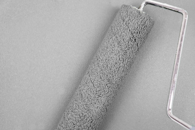 无人,横图,室内,特写,白天,正面,装修,静物,阴影,灰色背景,反射,影子,装潢,灰色,粉刷,刷子,摄影,影棚,油漆,滚筒刷,涂料,滚刷,彩图,影棚拍摄,拍摄,滚筒