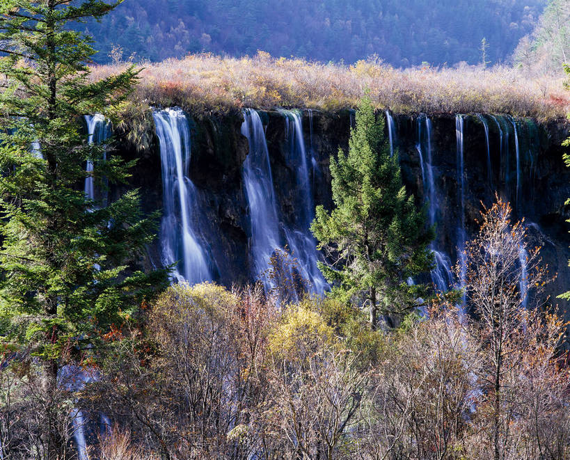 横图,河流,瀑布,树林,九寨沟,中国,亚洲,清澈,绿色的,绿色,摄影,东亚,四川,中华人民共和国,彩图,bj174