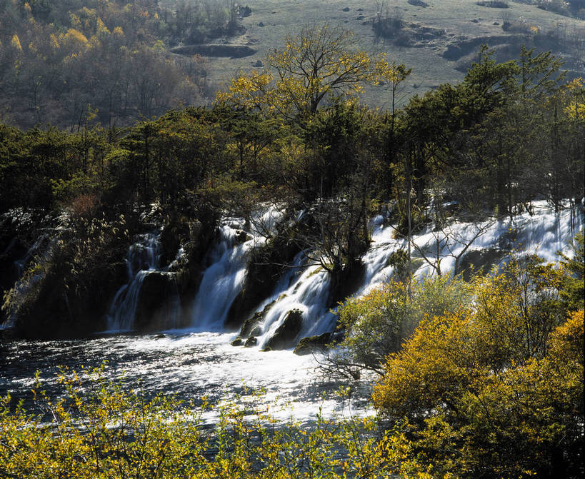 横图,河流,瀑布,树林,九寨沟,中国,亚洲,清澈,绿色的,绿色,摄影,东亚,四川,中华人民共和国,彩图,bj174