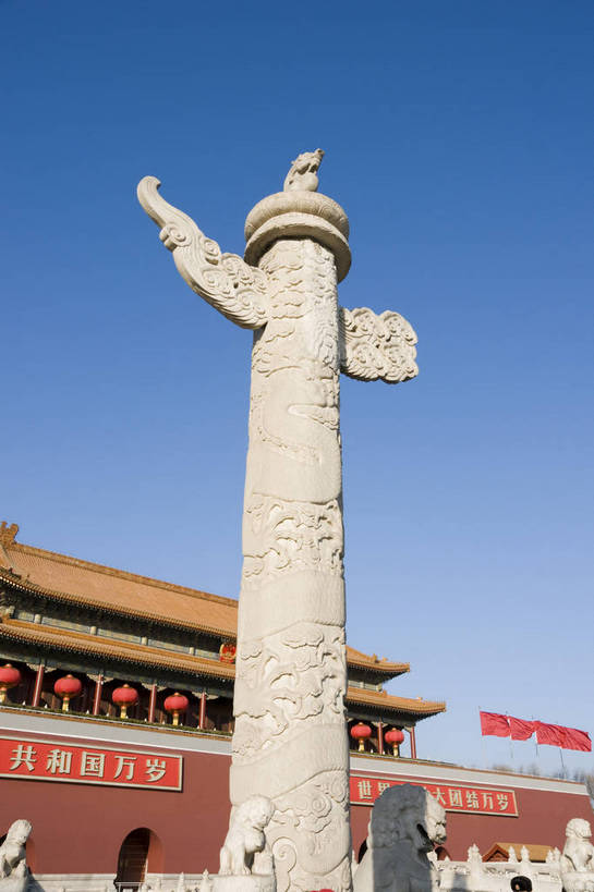 无人,竖图,彩色,室外,白天,仰视,旅游,城市,建筑,北京,中国,亚洲,古典,历史,文化,古建筑,华表,东方,建筑物,风景,蓝天,晴朗,雄伟,近景,政治,北京天安门,标志性建筑,bj174