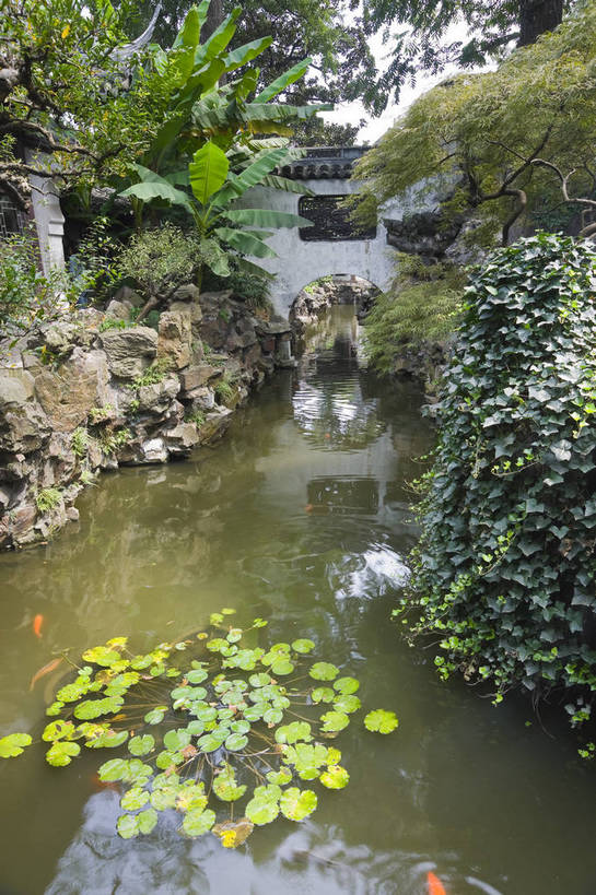 无人,摄影师,竖图,彩色,室外,白天,旅游,上海,中国,亚洲,观赏,金鱼,池塘,历史,文化,树木,名胜,风景,阳光,城隍庙,豫园,天,假山,晴天,园林,文明,古朴,摄像师,幽静,bj174