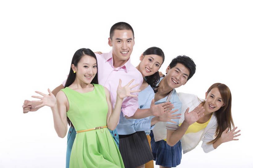 东方人,伙伴,站,横图,彩色,室内,白天,抠图,白色背景,正面,时尚,合作,团队,北京,中国,五个人,图片,许多人,挥手,排列,一列,一群人,休闲,休闲服,活力,可爱,美女,摄影,生活方式,青春,同伴,乐观,友情,男人,男性,年轻男性,年轻女性,女人,女性,亚洲人,中国人,年轻人,半身,影棚拍摄,高兴,愉快,bj174