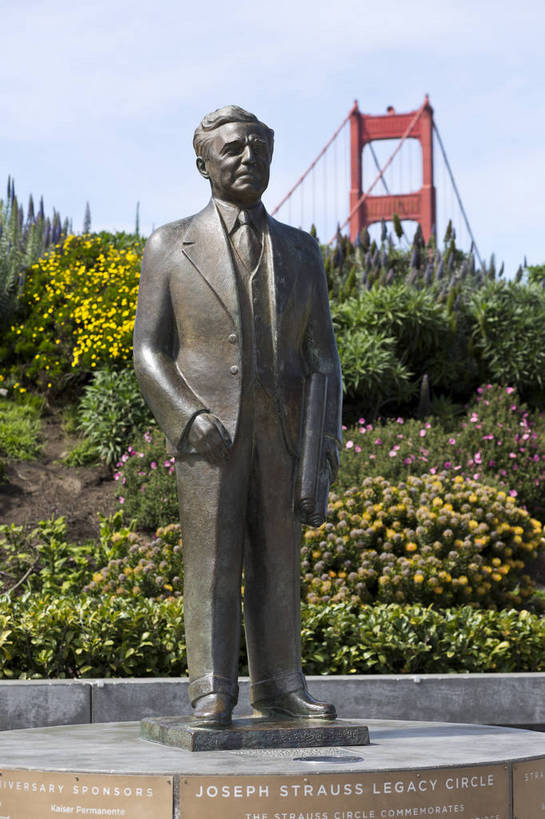 无人,竖图,彩色,室外,白天,旅游,度假,名胜古迹,城市风光,标志建筑,地标,建筑,雕塑,美国,遗迹,人物,人像,雕像,古迹,历史,文物,娱乐,建设,古建筑,白云,风景,蓝天,天空,地标建筑,享受,休闲,旅游胜地,放松,人文,摄影,经济,晴天,风光,都市风光,外景,参观,金门大桥,古文明,发展,加州,加利福尼亚州,惟妙惟肖,栩栩如生,历史人物,旧金山湾,旅行,桥梁工程师,约瑟夫.施特劳斯,bj174