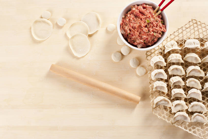 无人,横图,静物,准备,擀面杖,食品,饺子,案板,主食,饮食,摄影,中国文化,彩图,牛肉末,小麦面粉,bj175