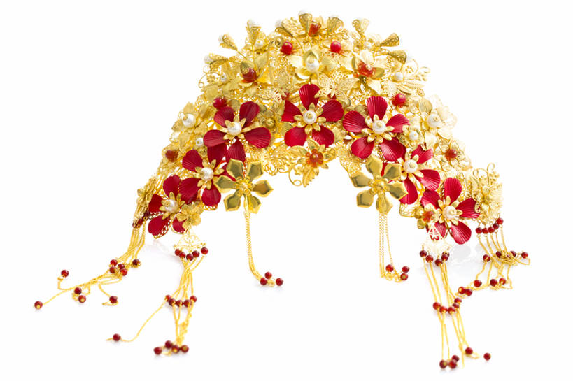 无人,横图,特写,留白,抠图,白色背景,婚礼,快乐,幸福,运气,静物,珠宝,北京,中国,亚洲,风俗,庆祝,装饰,珠子,古典,结婚,浪漫,传统,一个,红色,装饰物,喜庆,精神,财富,摄影,单个,纪念,凤冠,仪式,风格,中国文化,华贵,典礼,古典风格,东亚,凤冠霞帔,式样,制度,彩图,影棚拍摄,传统服装,高兴,金子,传统文化,珠花,bj175