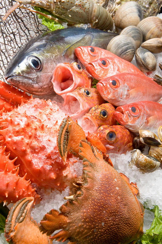 龙虾,无人,竖图,静物,许多,螃蟹,鱼,生食,虾,冰块,食品,很多,饮食,蛤,摄影,多样,清新,甲壳动物,海产,彩图,bj175