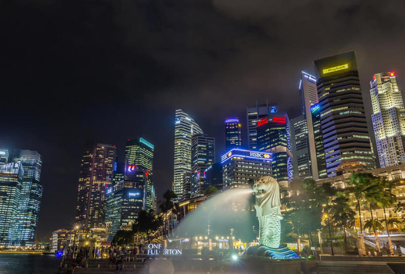 高楼大厦,横图,室外,夜晚,喷泉,夜景,新加坡,亚洲,地形,都市,风景,天空,建造,鱼尾狮,鱼尾狮公园,bj175