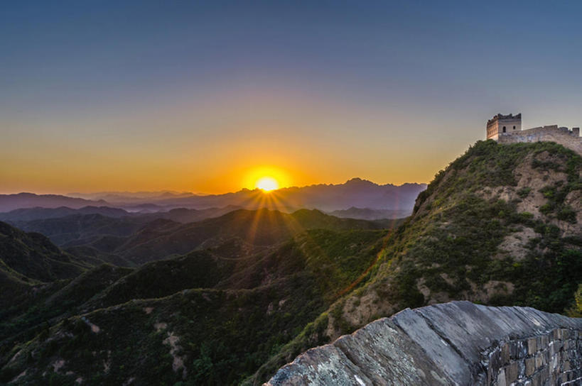 横图,室外,日落,太阳,长城,中国,墙,地形,风景,天空,东亚,河北省,金山岭,bj175