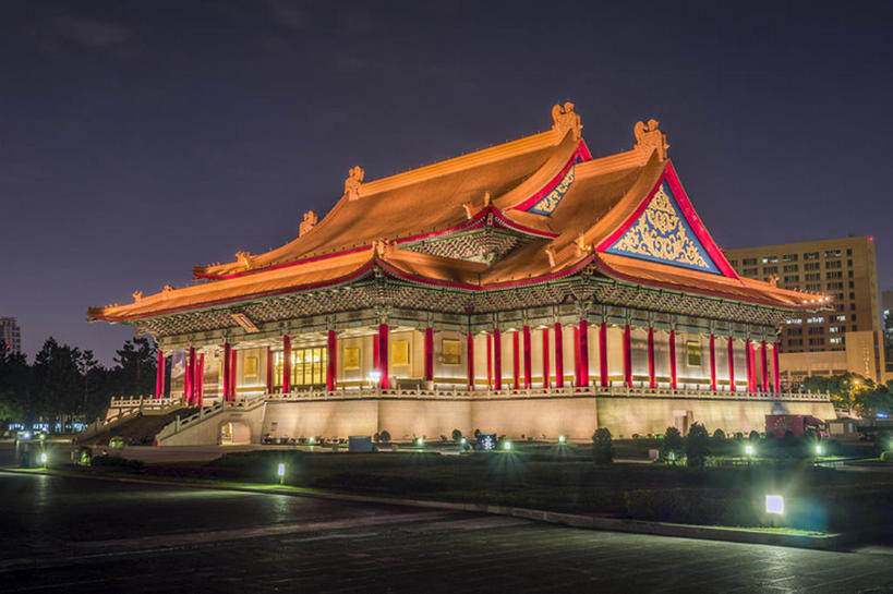 横图,室外,夜晚,建筑,台湾,亚洲,建造,照亮,蒋介石纪念堂,台北,bj175