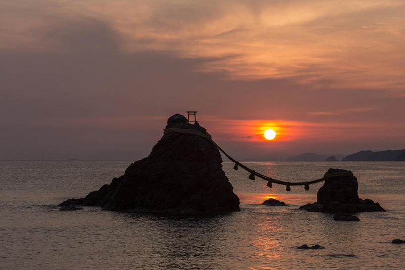 无人,横图,室外,海洋,太阳,日本,牌坊,风景,天空,黄昏,绳子,神殿,三重县,岩石,bj175