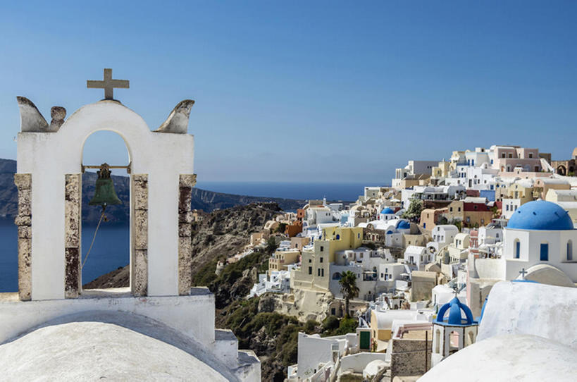 教堂,横图,室外,白天,海洋,希腊,欧洲,铃铛,风景,天空,建造,圣托里尼岛,bj175