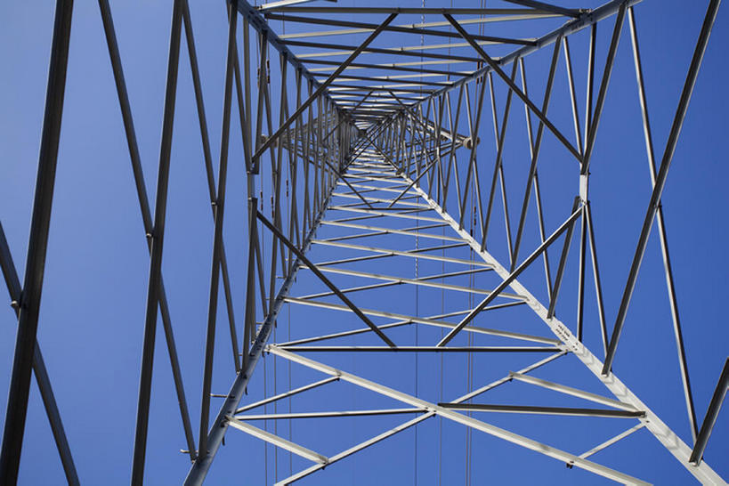 无人,横图,室外,白天,仰视,中国,亚洲,钢铁,金属,电缆,蓝色,蓝天,天空,摄影,东亚,彩图,输电塔,电力电缆,电力线,建筑结构,bj175