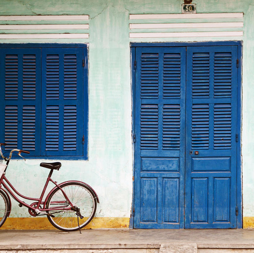 无人,方图,室外,白天,门,自行车,越南,蓝色,摄影,旧的,前门,会安,彩图,bj175